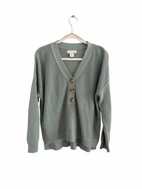 Rachel Zoe Sage Green V-Neck Button Knit Sweater Oversized